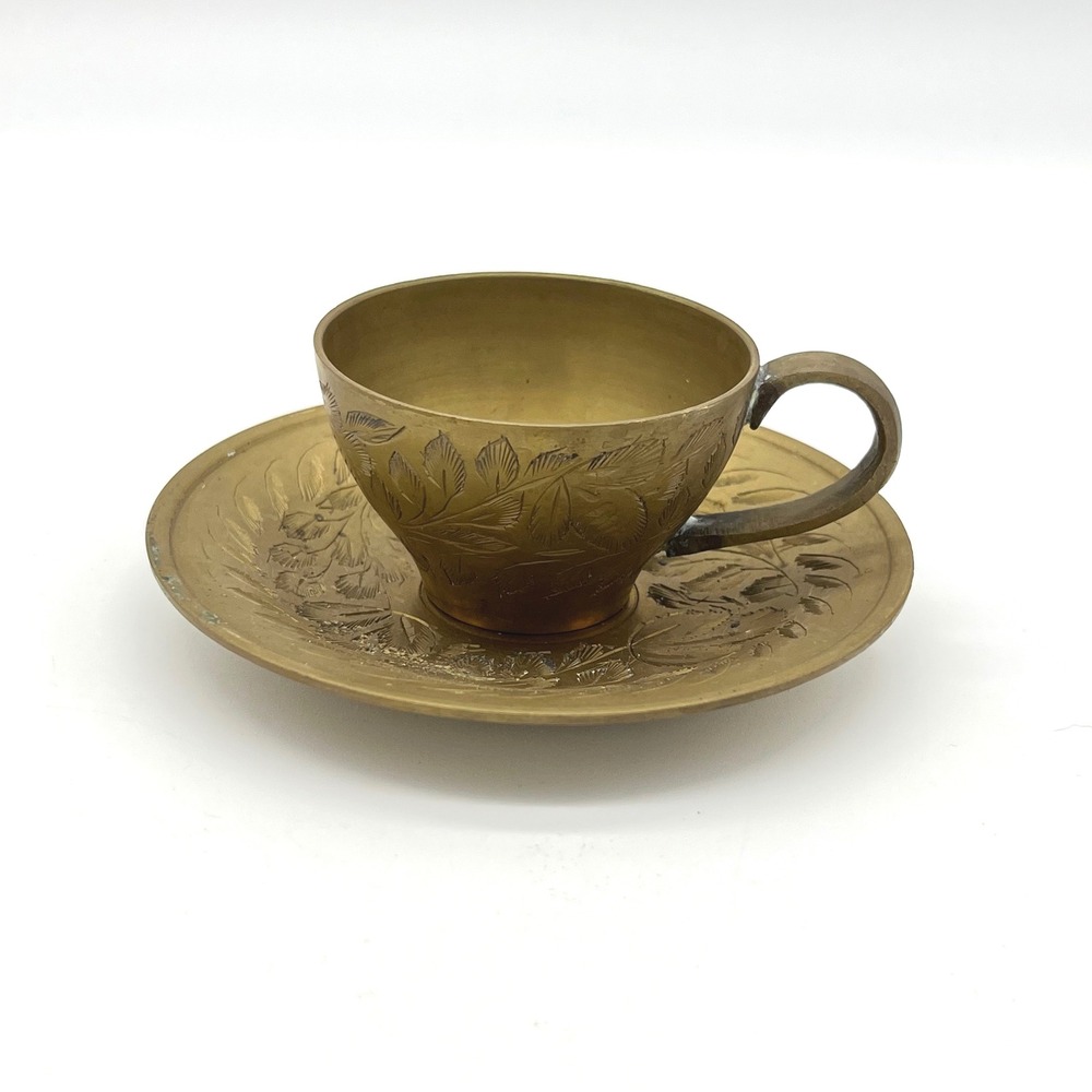 Vintage Brass Floral Engraved Tea Cup and Saucer Set Etched‎ Decorative